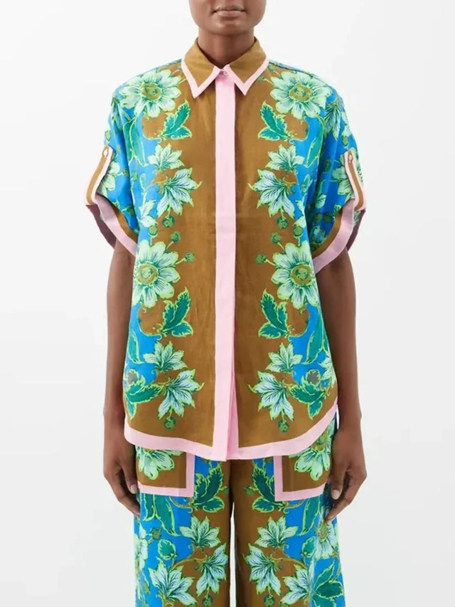 Alemais Winnie Floral Spliced Blue Brown Shirt and Pant Two Piece Set Floral