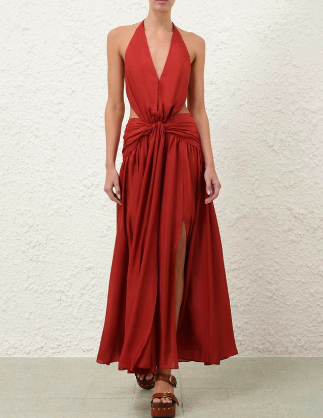 Zimmermann Indra Plunge Halter Maxi Dress in Raspberry