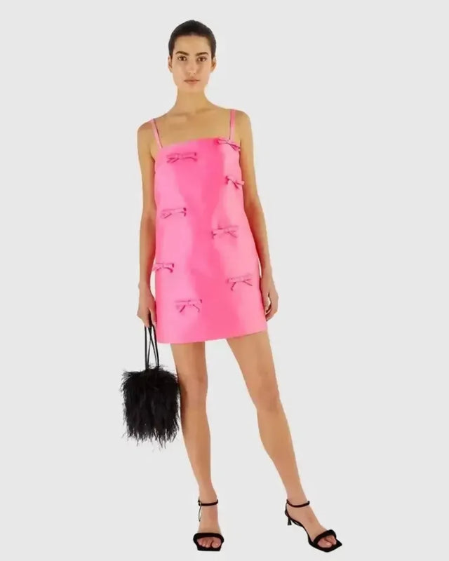 Oroton Satin Bow Mini Dress Candy Pink