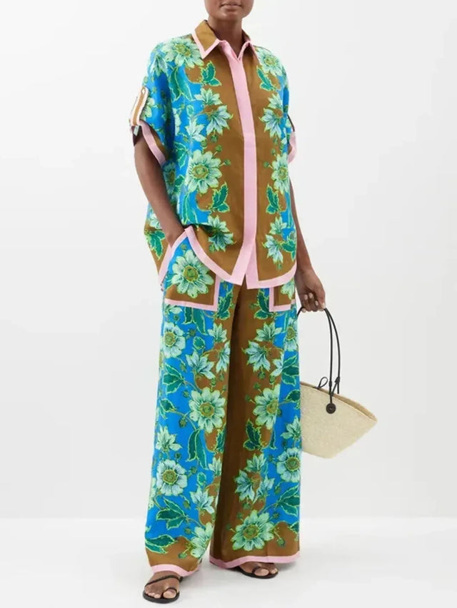 Alemais Winnie Floral Spliced Blue Brown Shirt and Pant Two Piece Set Floral