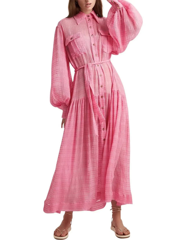 Alemais Antonella Silk Embroidered Shirt Maxi Dress Pink