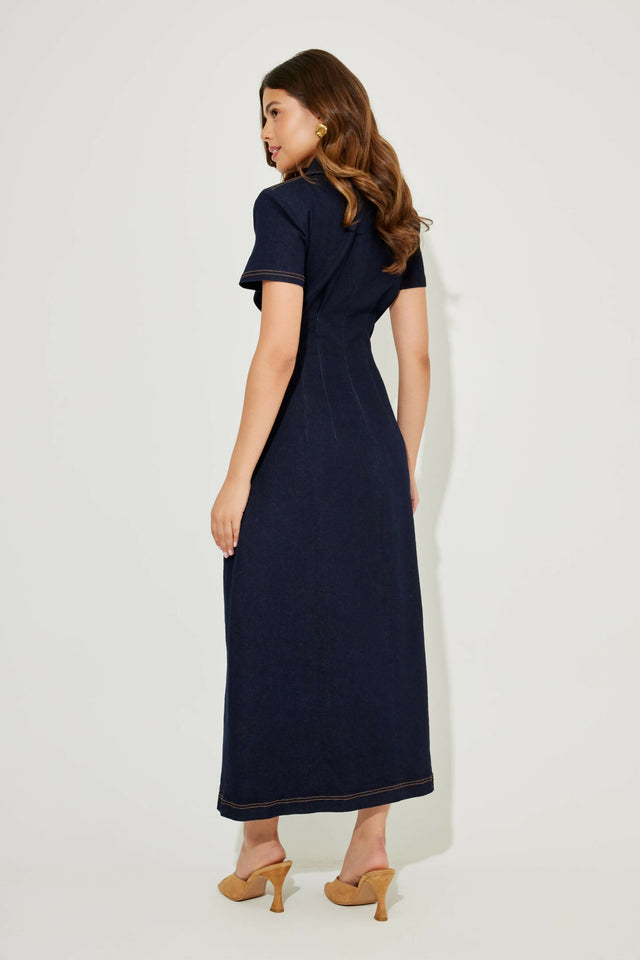 Odd Muse Denim Collared Midi Dress Dark Denim