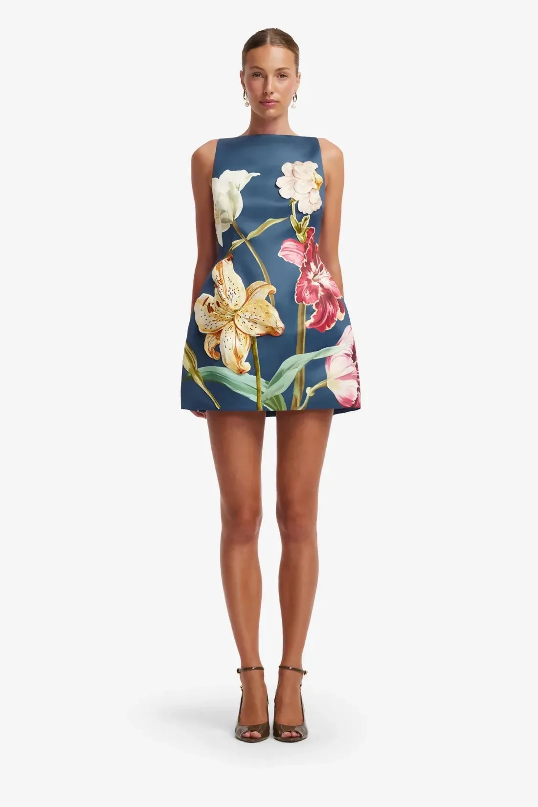Leo Lin Ali Embroidered Mini Dress - Lily Print in Indigo – designer dress hire