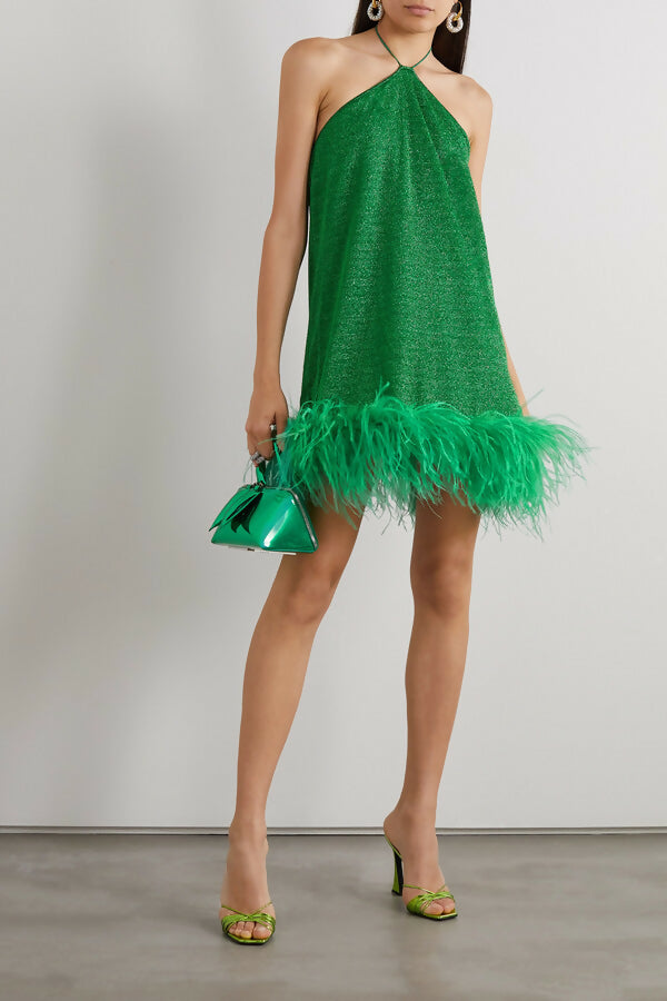 Oseree Lumiere Feather Trimmed Metallic Stretch Knit Halterneck Dress