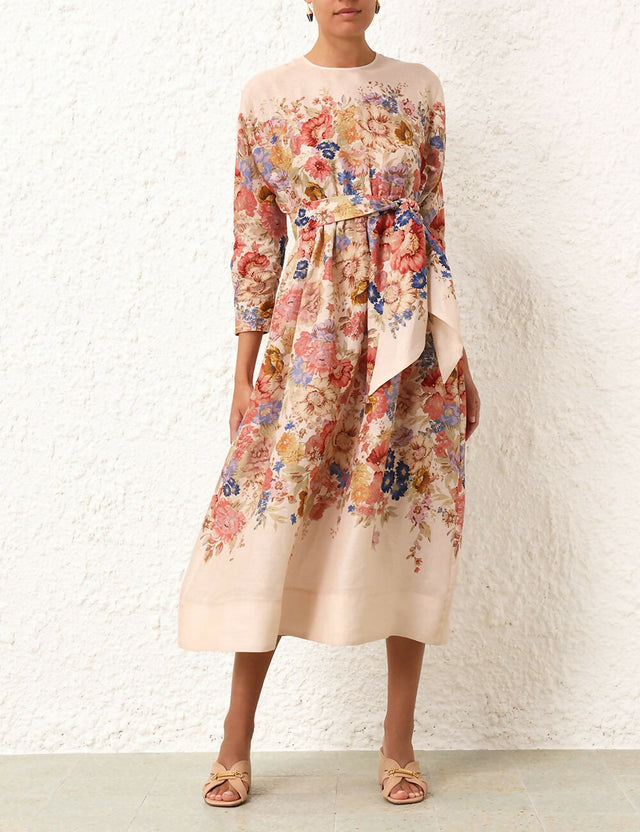 Zimmermann August Tie Waist Midi Dress Cream Floral Size 1 / AU 10