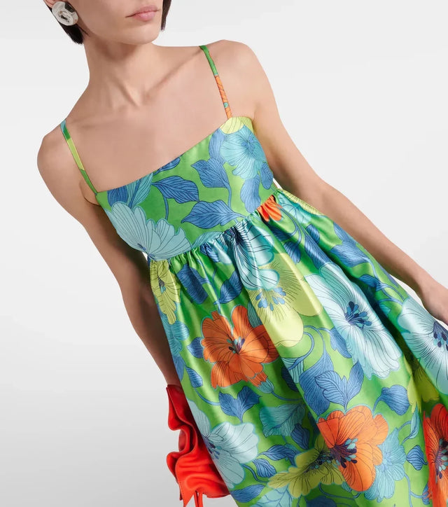 Alemais Calypso Floral Satin Midi Dress Green Blue Flower Print