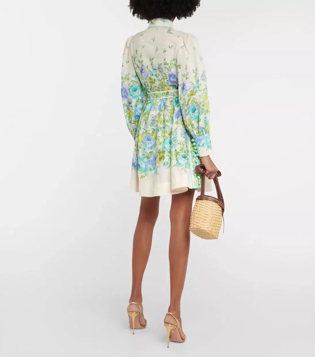 Zimmermann Raie Buttoned Mini Dress Teal/Blue Floral
