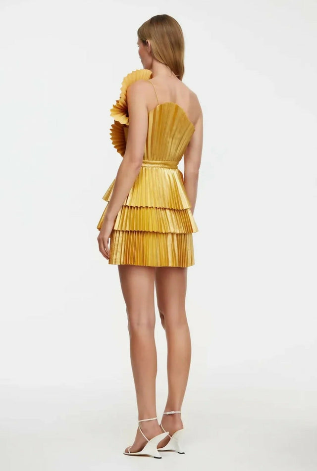 Acler Abbotsford Pleated Honey Gold Metallic Mini Size 10 - 10 / Yellow - Dresses