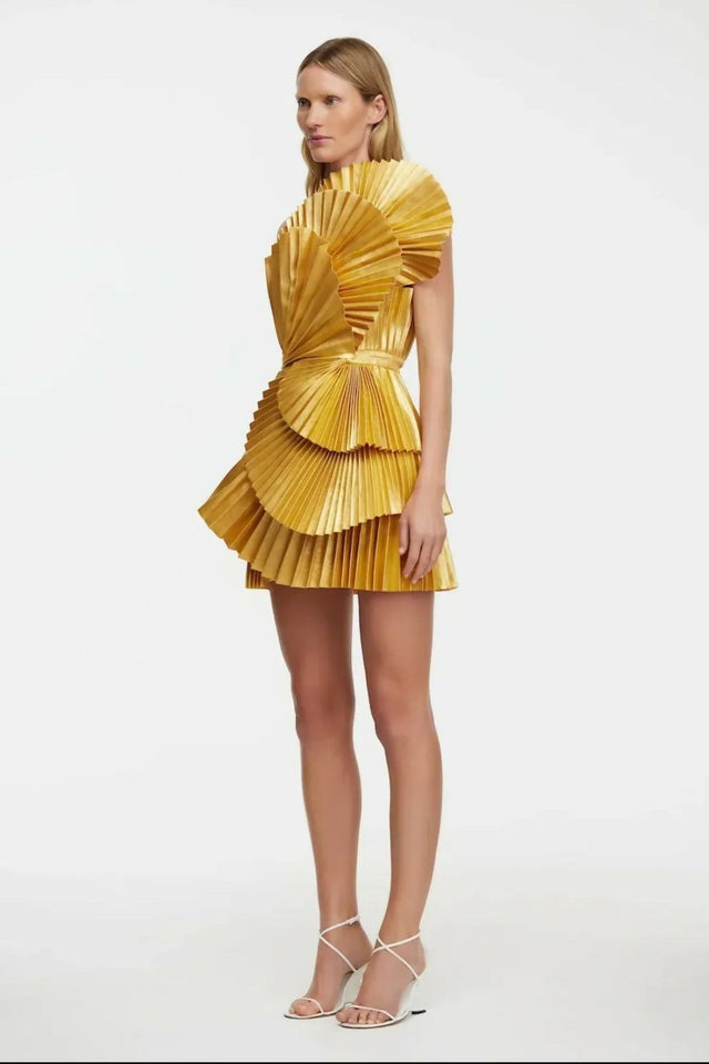 Acler Abbotsford Pleated Honey Gold Metallic Mini Size 10 - 10 / Yellow - Dresses