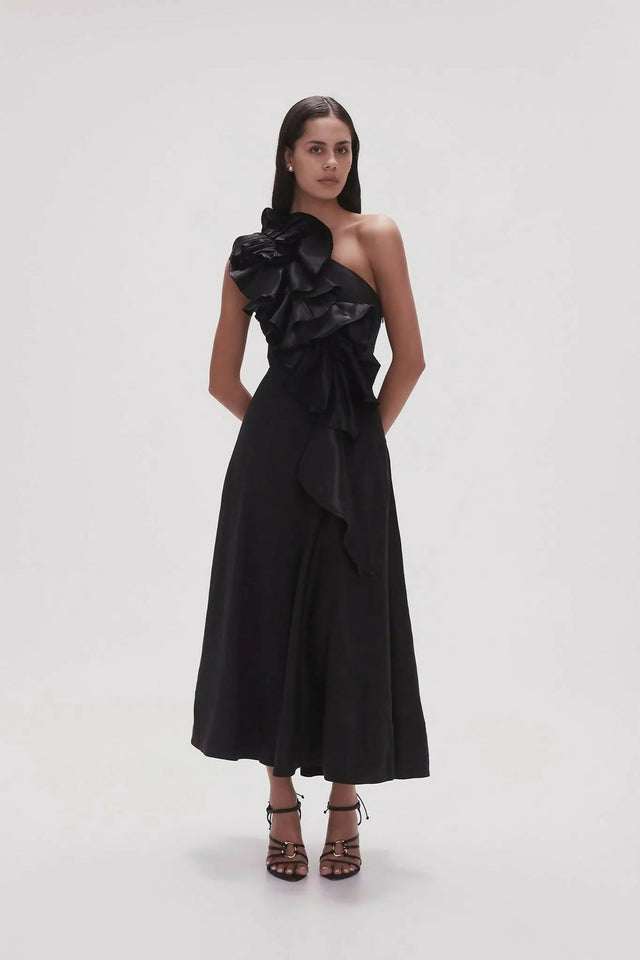Aje Adelia Ruffle Midi Dress Black Size S/AU 8 - 8 / Black - Dresses