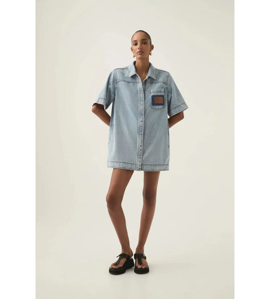 Aje Aura Denim Mini Tunic Dress Sea Spray Wash Passion