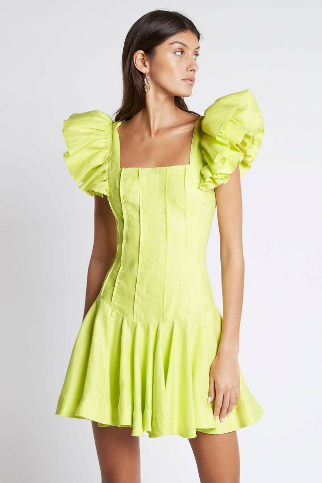 Aje Breathless Frill Mini Dress Lime Green - Dresses