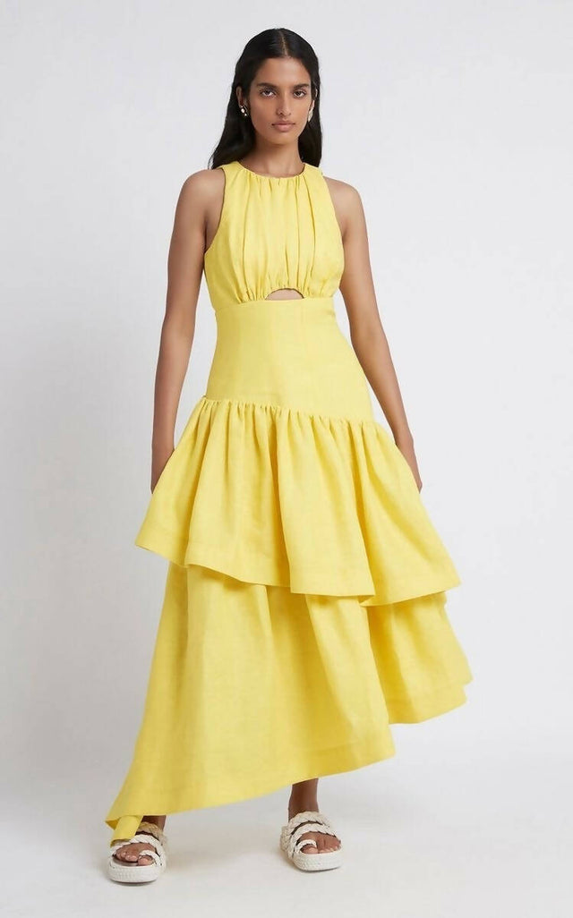 Aje Caliente Tiered Cut Out Dress - 12 / Yellow - Dresses