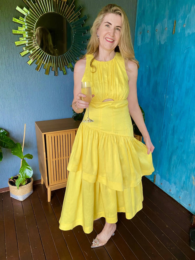 Aje Caliente Tiered Cut Out Dress - 12 / Yellow - Dresses