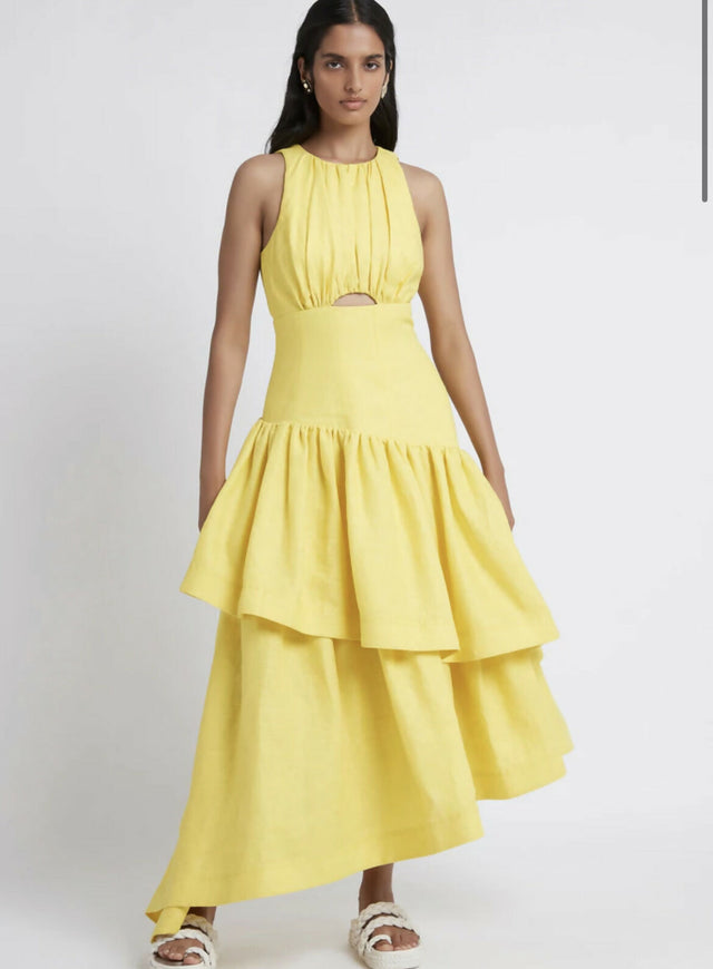 Aje Caliente Tiered Cut Out Midi Dress - 14 / Yellow - Dresses