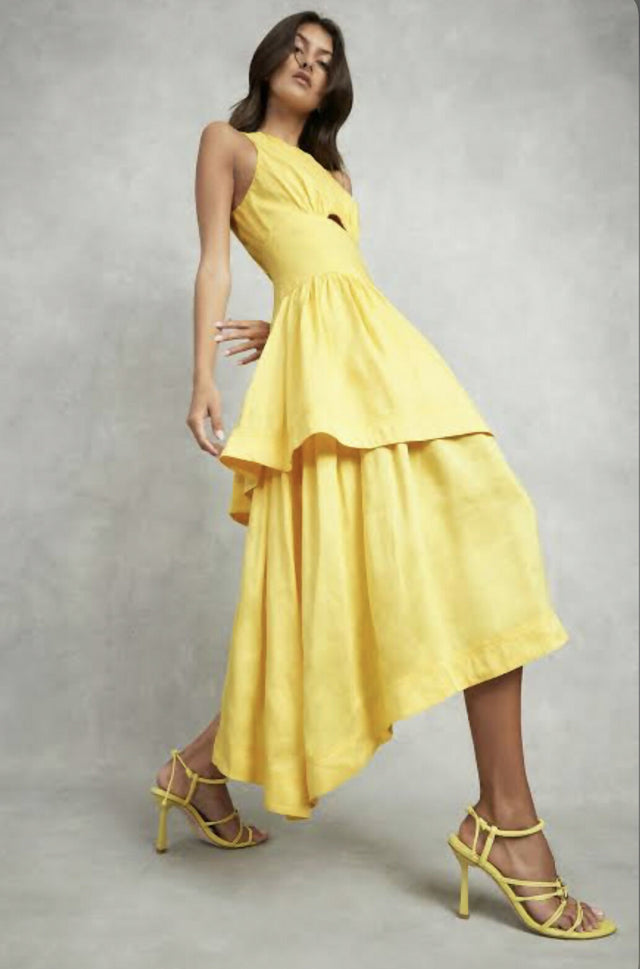 Aje Caliente Tiered Cut Out Midi Dress - 14 / Yellow - Dresses