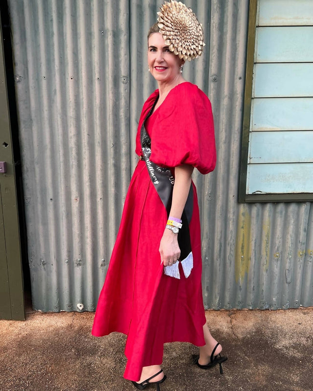 Aje Dusk Puff Sleeve Midi Dress in Red