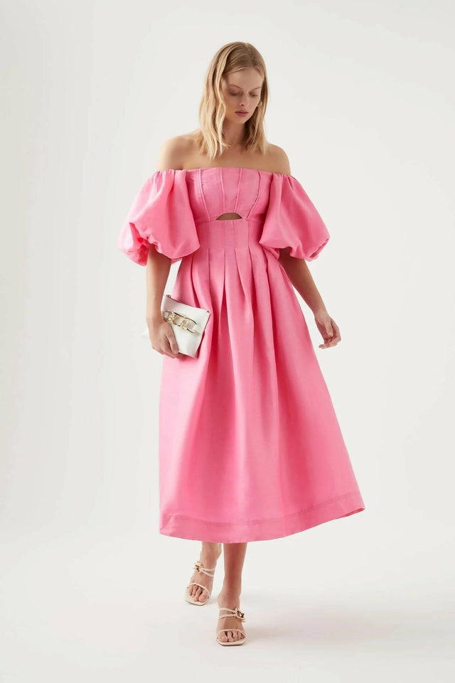 Aje Eugenie Off Shoulder Midi Dress - 12 / Pink - Dresses