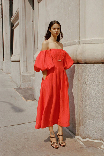 aje eugenie off shoulder midi dress Eugenie Off Shoulder Midi Dress