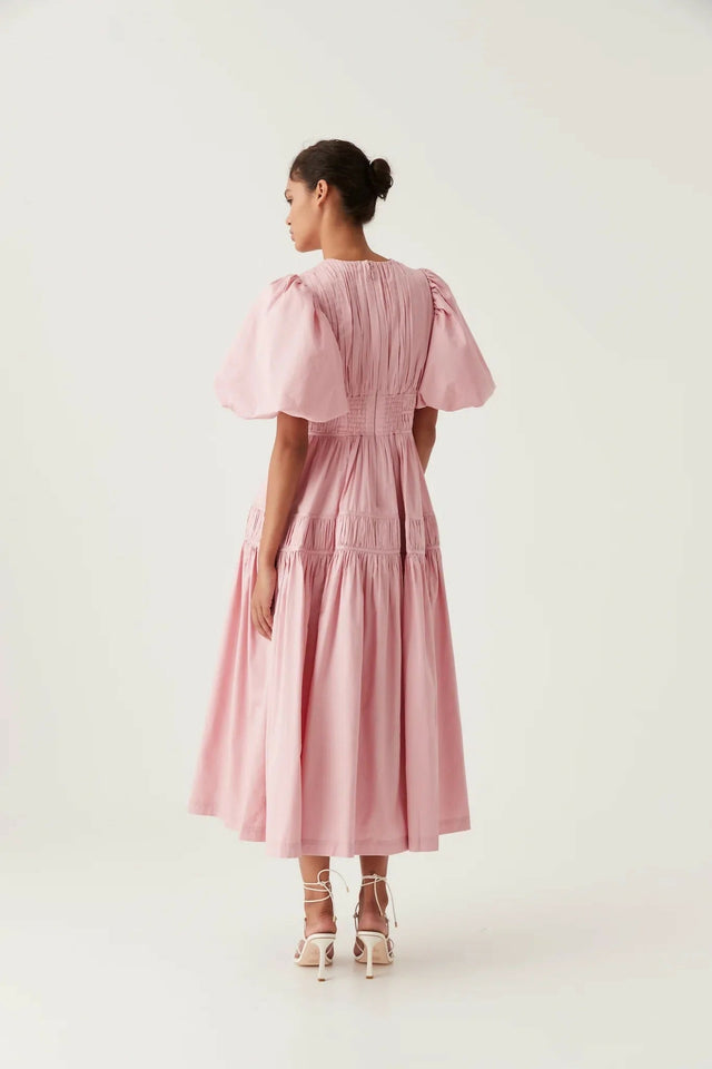 Aje Fallingwater Ruched Midi Dress in Chalk Pink | Passion For Fashion