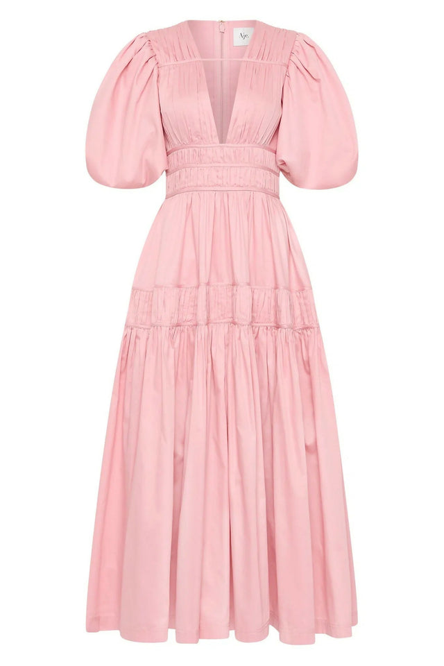 aje fallingwater ruched midi dress Aje Fallingwater Ruched Midi Dress in Chalk Pink