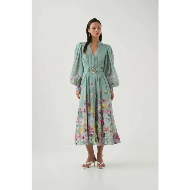 Aje Fleur Shirt Midi Dress Mist Green Collage Floral Size 6 - 6 / Floral - Dresses