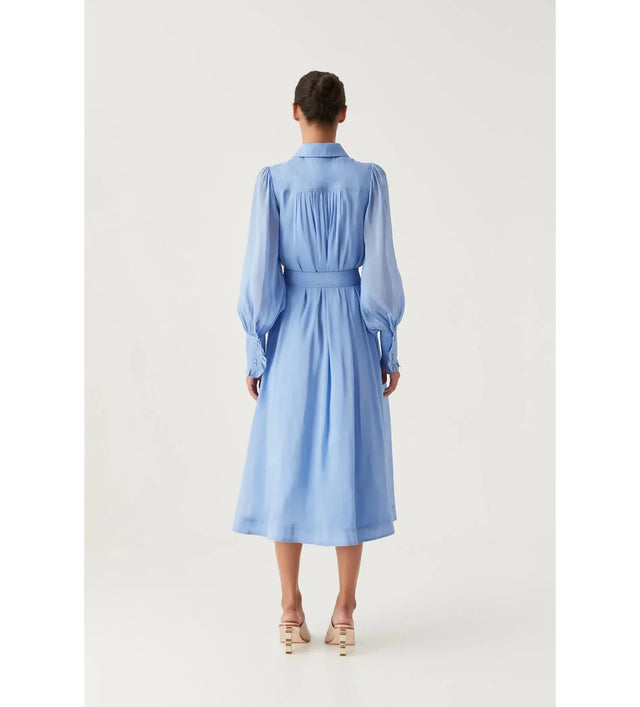 aje blue midi dress Aje Iris Pleated Bib Midi Dress in Mist Blue Size 10