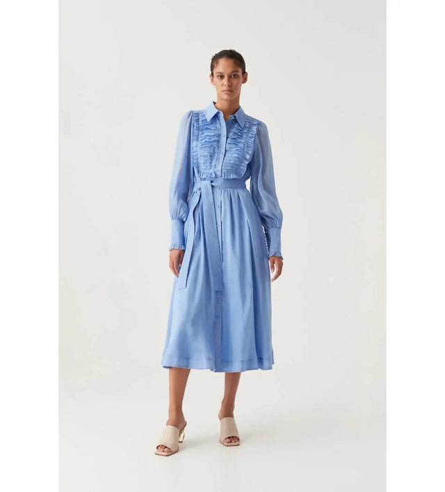 Aje Iris Pleated Bib Midi Dress in Mist Blue Size 10 - 10 / Blue - Dresses