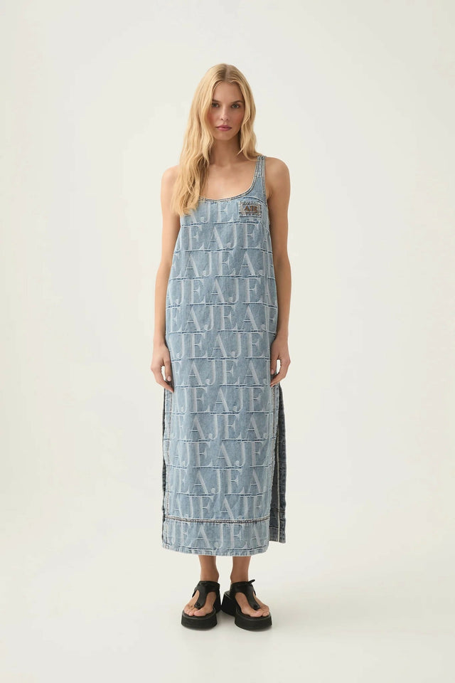 Aje Nostalgia Denim Midi Dress Coastal Logo Wash