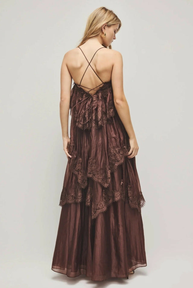 Aje Ophelia Lace Gown in Chocolate - Dresses