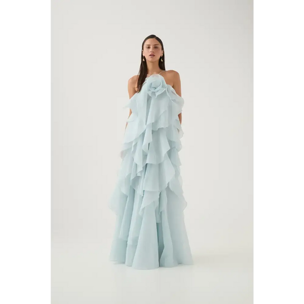 Aje Pandorea Layered Maxi Dress Silver Blue Size AU 6