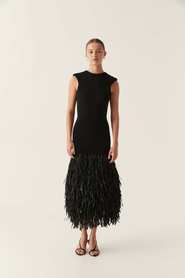 Aje Rushes Raffia Knit Midi Dress in Black Size 8 / S - 8 / Black - Dresses
