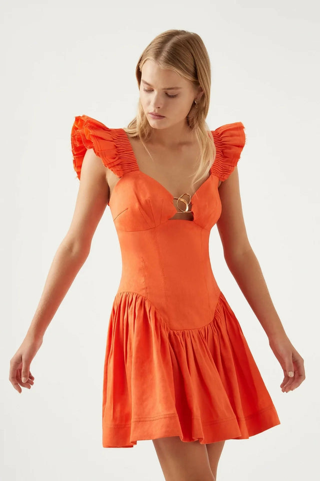 Aje Simone Frill Mini Dress - 8 / Orange - Dresses