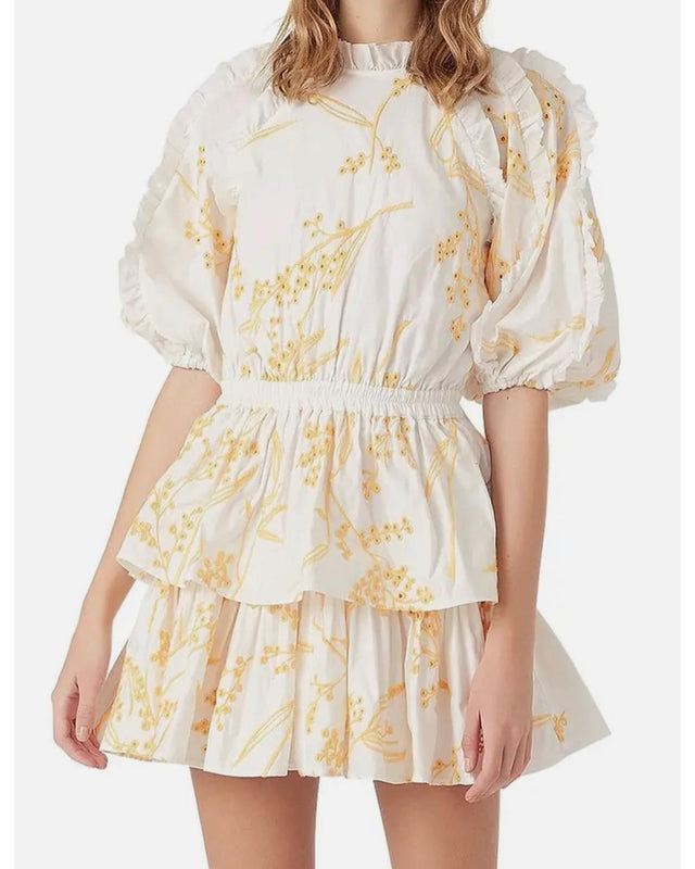 AJE - Aje White and Yellow Mimosa Broderie Frill Mini Dress