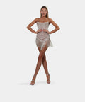 albina dyla corset silver short dress Show stopper , The new Albina Dyla Nova Fringe mini is the perfect dash of sparkle for any event. Its corset bodice and asymmetrical neckline create the perfect hint of sexiness. The beaded mini is