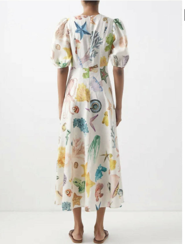 Alemais Adella Atlantis-Print Linen-Voile Midi Dress - 12 / Print - Dresses