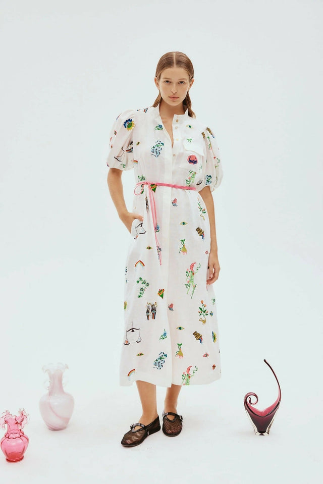 Alemais Atticus Embroidered Shirtdress Cream Print Size 14 - Dresses