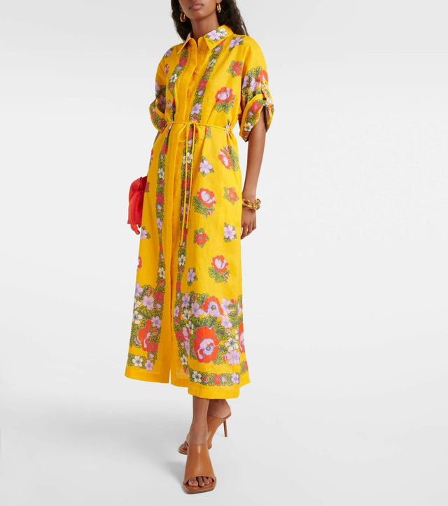 Alemais Belted Floral Linen Shirt Dress - 12 / Floral - Dresses