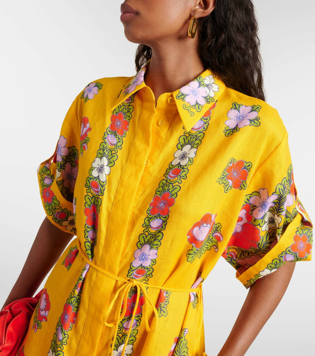 Alemais Belted Floral Linen Shirt Dress - 12 / Floral - Dresses