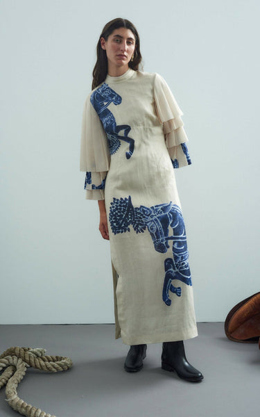 alemais rider pleat dress Alemais Blue Rider Pleat Sleeve Midi Dress Cream Print Size 14