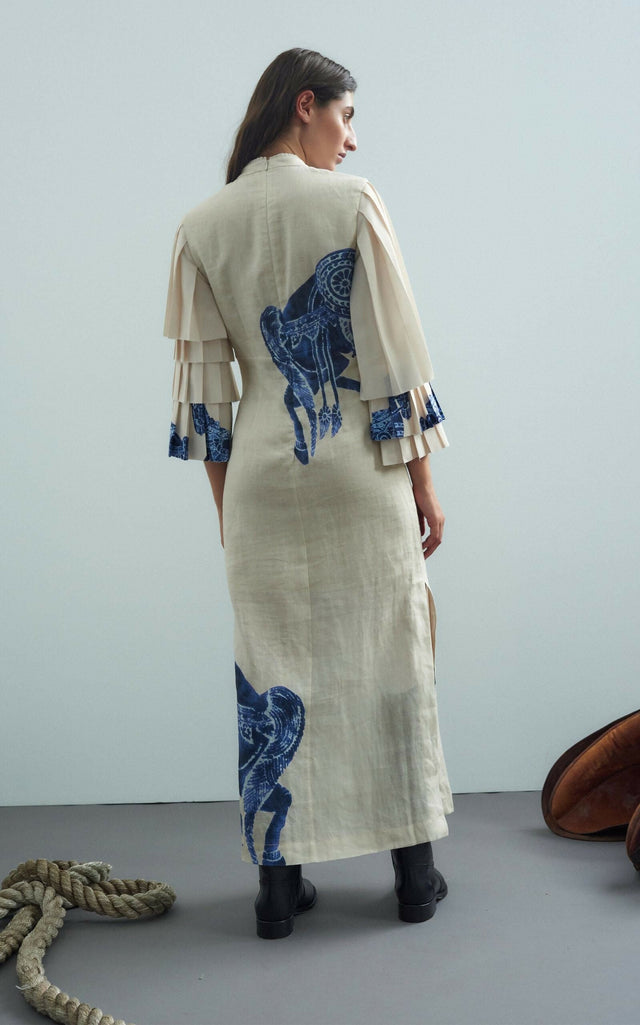 Alemais Blue Rider Pleat Sleeve Midi Dress Cream Print Size 14 - 14 / Print - Dresses