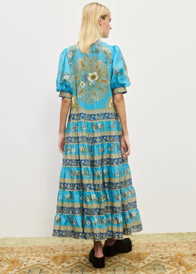 Alemais Casssie Tiered Midi Dress Blue Print - 16 / Blue - Dresses