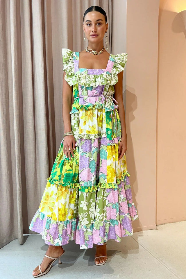 Alemais Elora Patchwork Tiered Multi Print Midi Dress Size 14 - 14 / Multi - Dresses