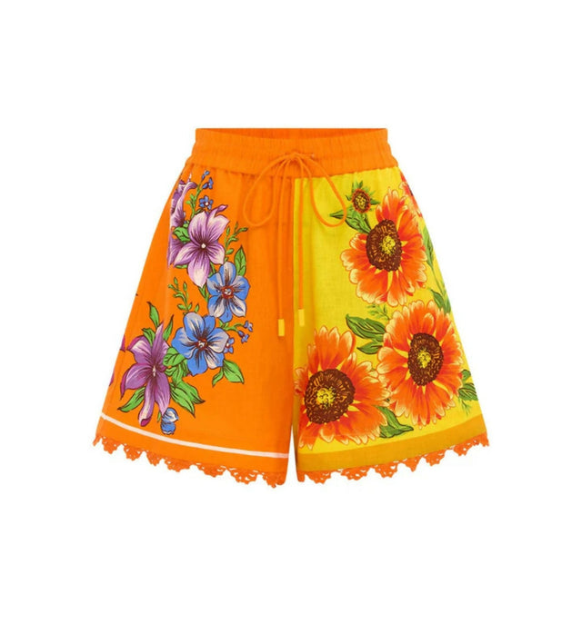 Alemais Jude Oversized Linen Shirt and Short Set Orange Floral Size AU 14 - 14 / Yellow - Outfit Sets