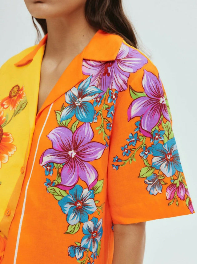 Alemais Jude Oversized Linen Shirt and Short Set Orange Floral Size AU 14 - 14 / Yellow - Outfit Sets