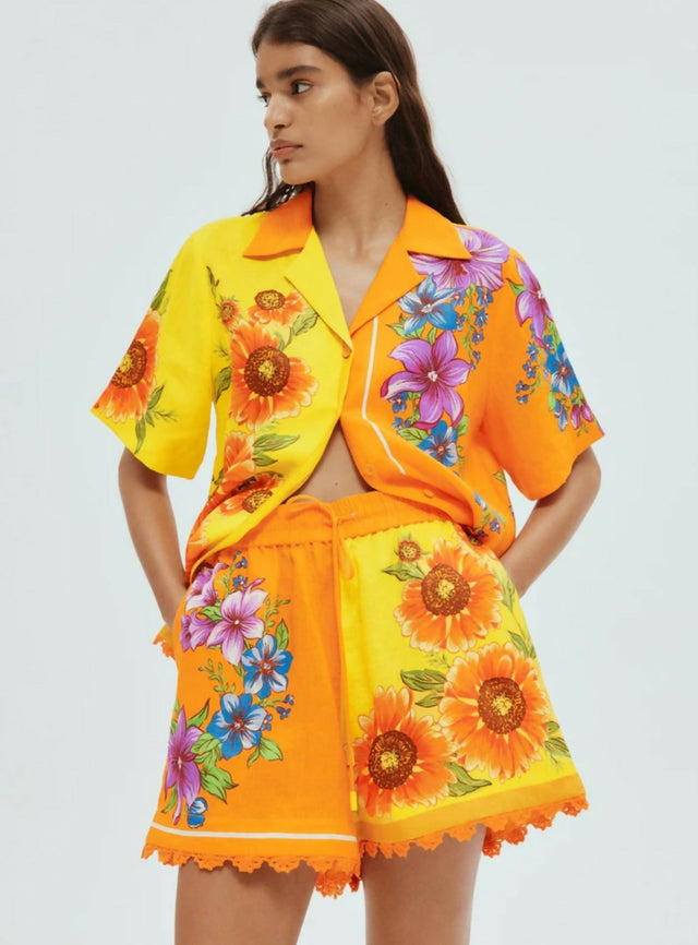 Alemais Jude Oversized Linen Shirt and Short Set Orange Floral Size AU 14 - 14 / Yellow - Outfit Sets