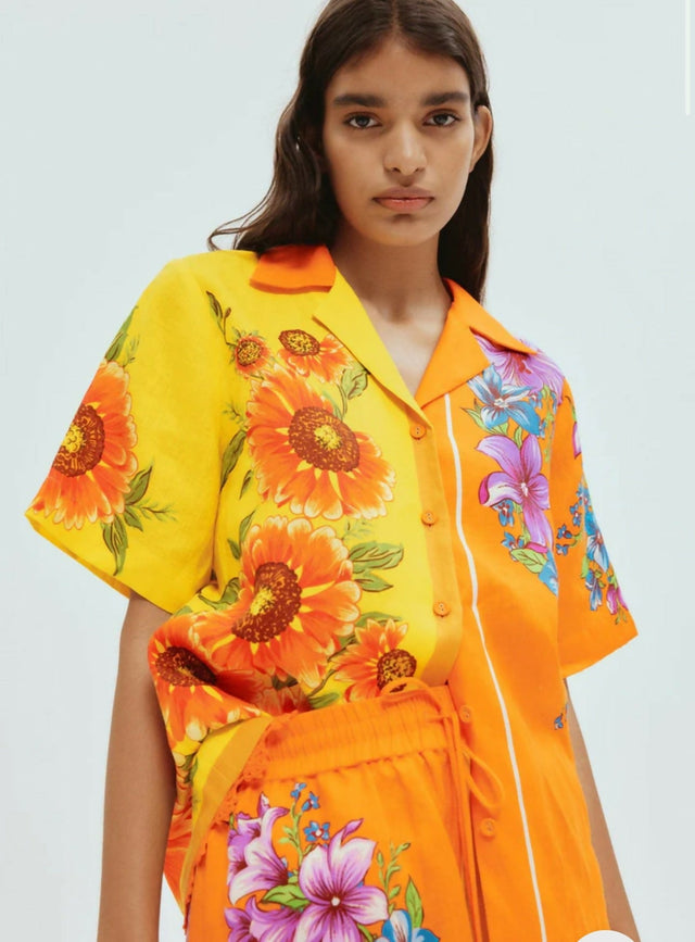 Alemais Jude Oversized Linen Shirt and Short Set Orange Floral Size AU 14 - 14 / Yellow - Outfit Sets