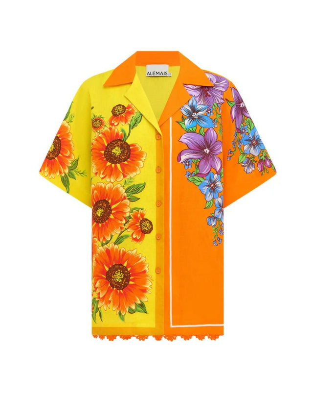 Alemais Jude Oversized Linen Shirt and Short Set Orange Floral Size AU 14 - 14 / Yellow - Outfit Sets