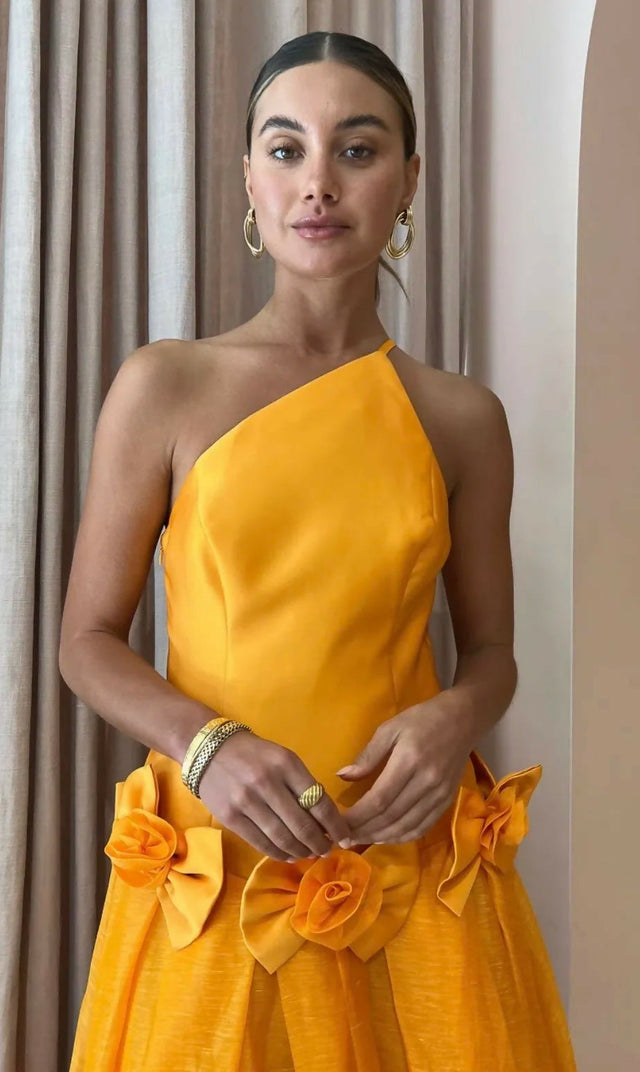 Alemais Macie One Shoulder Rosette Dress In Saffron Size 10 / M - 10 / Orange - Dresses