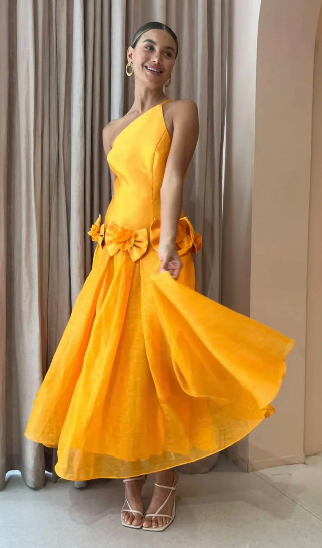 Alemais Macie One Shoulder Rosette Dress In Saffron Size 10 / M - 10 / Orange - Dresses